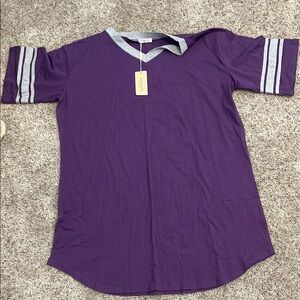 Purple V-Neck T-Shirt with Gray Sleeve Stripes